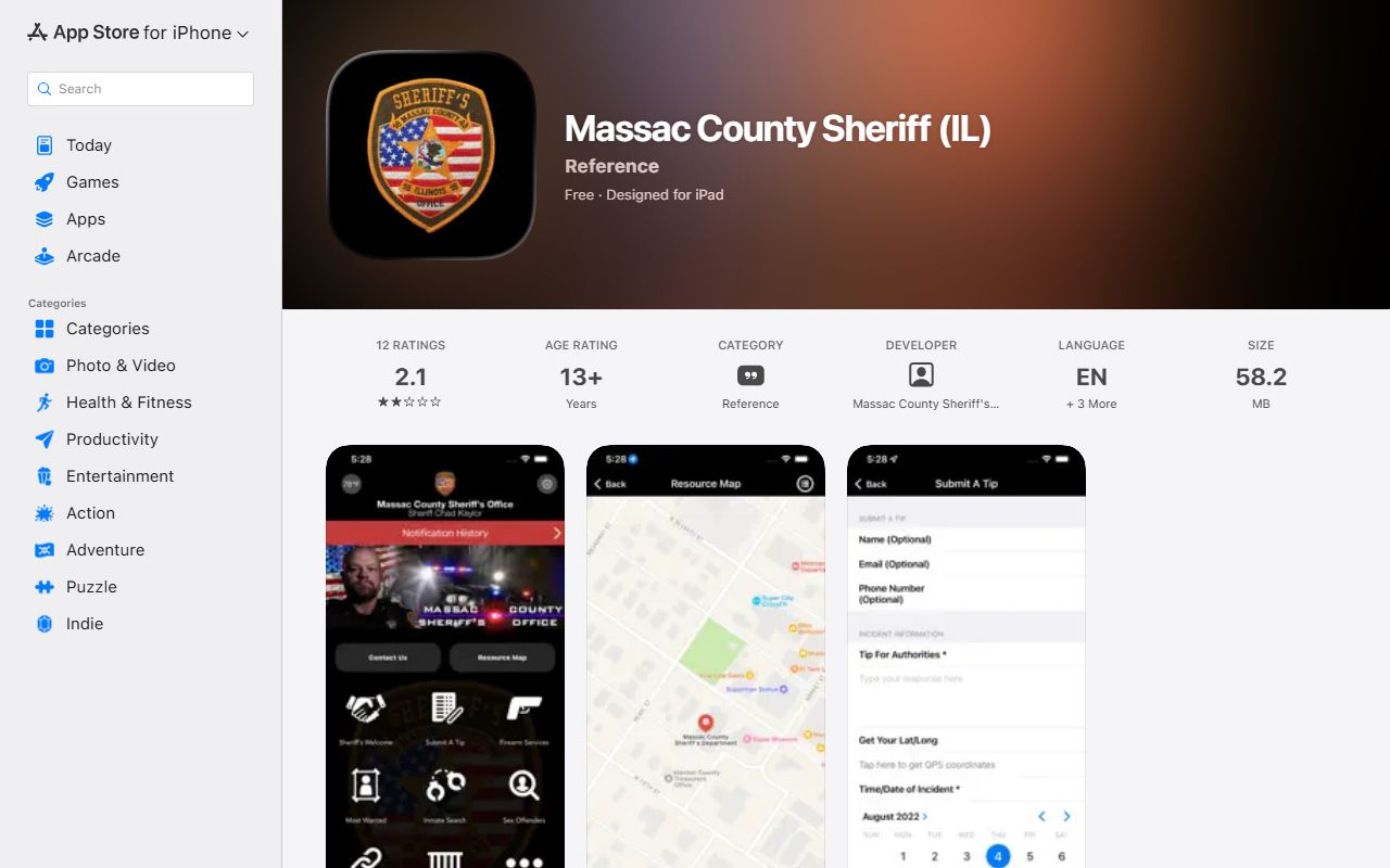 Apple App Store listing for the Massac County Sheriff app where current inmate information appears