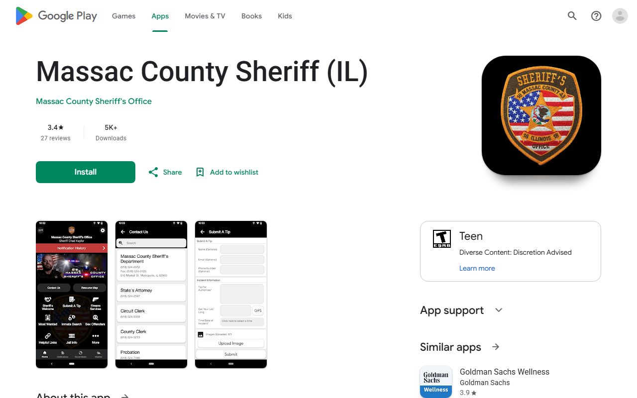 Google Play listing for the Massac County Sheriff app used for inmate records lookup