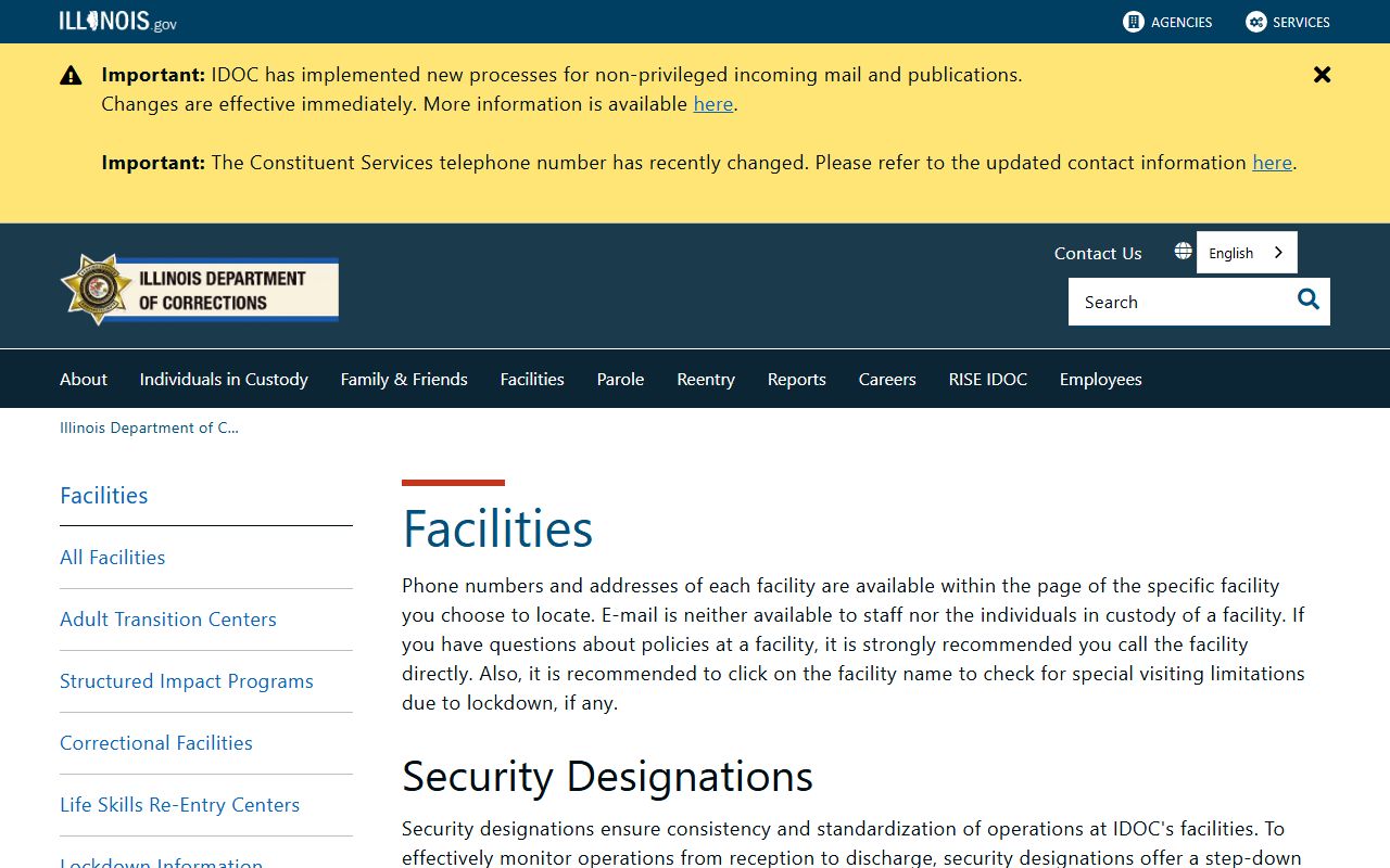 Illinois Department of Corrections facilities list page used for the Massac County state prison fallback