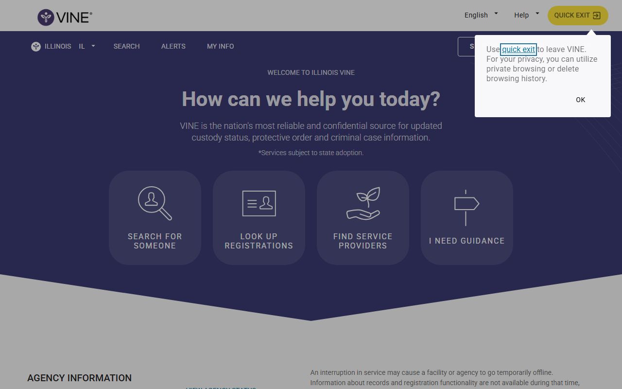 Illinois VINE portal used for Massac County custody and release notifications