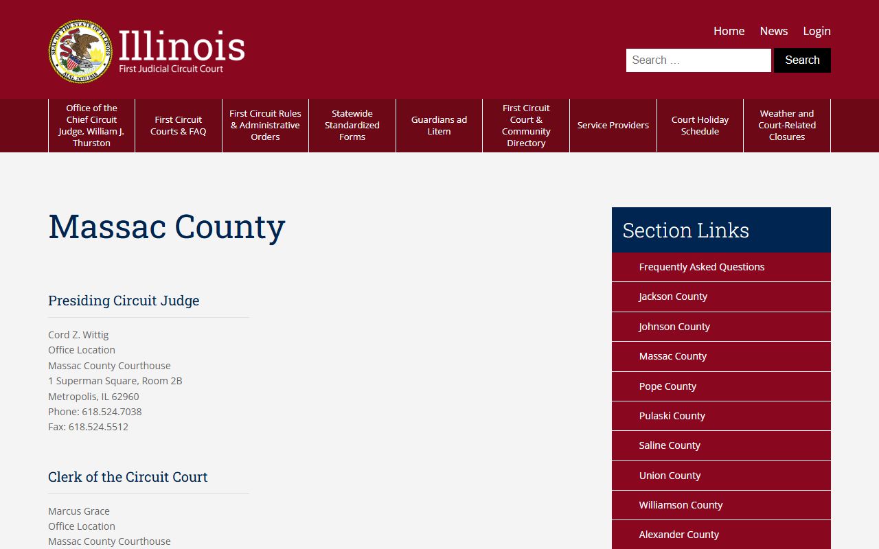 Massac County First Judicial Circuit directory with court, clerk, and prosecutor contacts