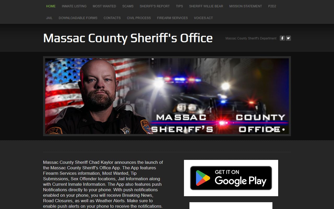 Massac County Sheriff home page showing the inmate app announcement and jail deposit link